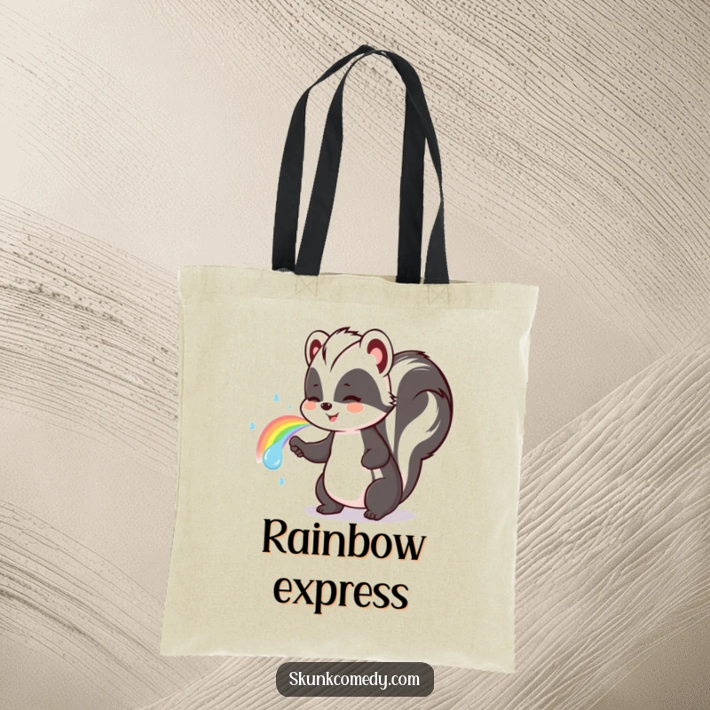 Funny skunk tote bag featuring a cute skunk spraying a beautiful, vibrant rainbow, great for shopping.