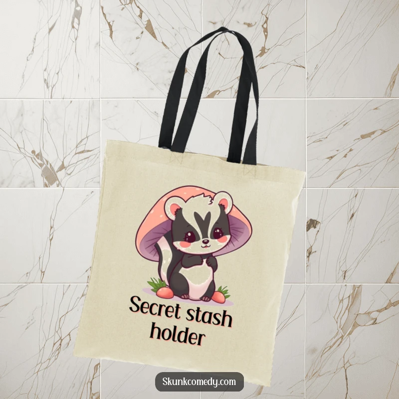 Funny kawaii skunk peeking playfully from behind a mushroom, a delightful and charming graphic on this tote bag.