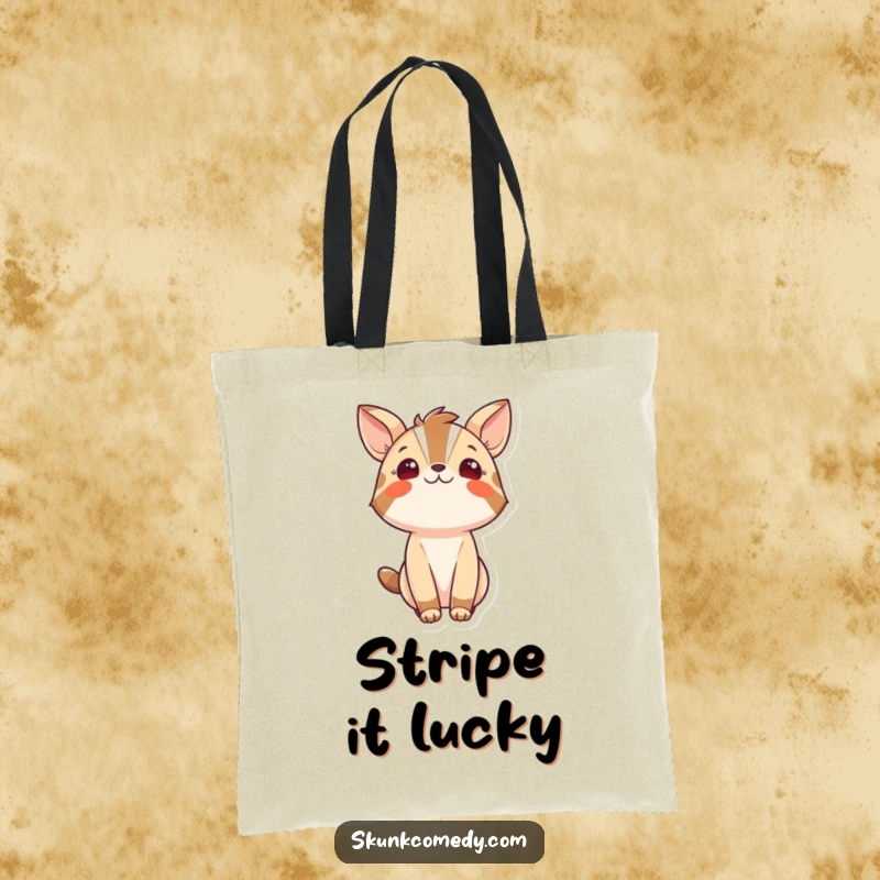 Funny tote bag showcasing a bold striped animal character looking upwards with pure wonder, perfect for carrying essentials with a curious spirit.