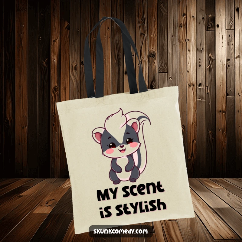Funny Kawaii Skunk tote bag showing a smiling skunk with its tail up, perfect for carrying items with a friendly and cute touch.