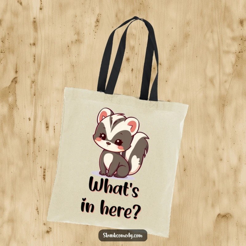 Funny Kawaii Skunk Tote Bag with a skunk tilting its head, symbolizing gentle curiosity and everyday charm for shoppers.